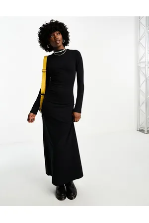COLLUSION Long sleeve slash neck maxi dress in black