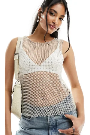 Pieces Rhinestone meshed top in cream