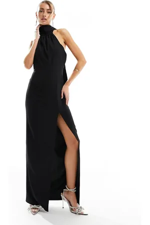 Vesper Halterneck scarf detail maxi dress with thigh spilt in