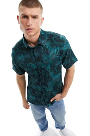 River Island Short sleeve crinkle shirt in dark teal floral