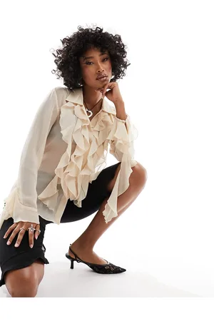 MANGO Capsule ruffle front blouse in beige