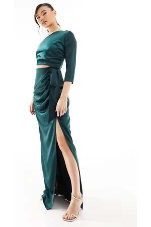 Vesper One sleeve cut out detail draped wrap maxi dress in forest
