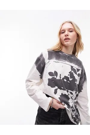 Topshop Graphic long sleeve spray flower oversized skater tee in mono