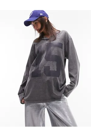 Topshop Graphic sporty 15 v neck long sleeve skater in slate