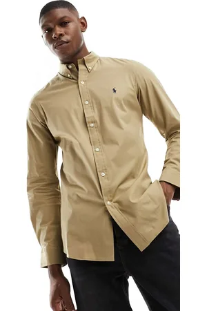 Ralph Lauren Icon logo slim fit stretch poplin shirt in tan