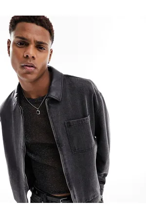 ASOS Oversized denim harrington jacket with PU collar in washed