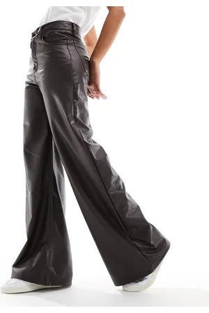 Pull&Bear Faux leather high rise wide leg trouser in dark