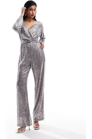 Style Cheat Sequin plunge jumpsuit in gunmetal