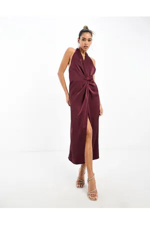 Pretty Lavish Knot front satin maxi dress in merlot