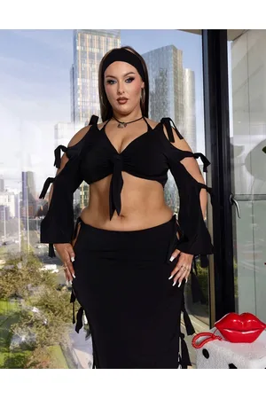 Labelrail X Holly Marston off shoulder tie knot sleeve crop top co-ord in