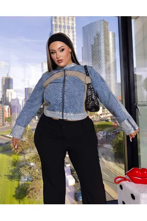 Labelrail X Holly Marston denim moto jacket with PU panels in