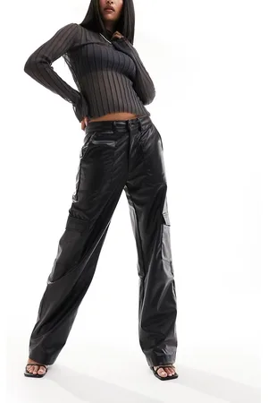Pull&Bear Faux leather cargo wide leg trouser in