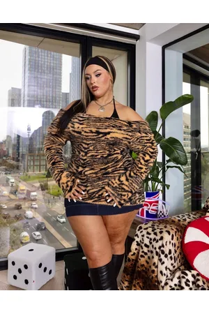 Labelrail X Holly Marston off shoulder asymmetric fluffy knit jumper in tiger