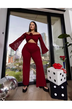 Labelrail X Holly Marston corsage detail off shoulder lace crop top co-ord in oxblood
