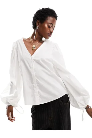 Monki V neck blouse with balloon sleeves in