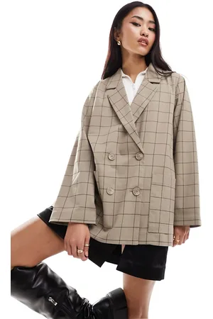 Monki Double breasted blazer in beige check