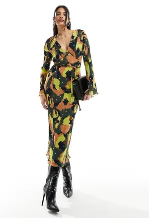 Never Fully Dressed Kimono sleeve plisse maxi dress in khaki print with gold fleck