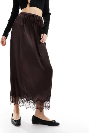 River Island Satin midi skirt with lace trim in