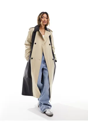 ASOS Faux leather spliced trench coat in stone and