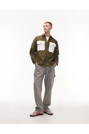 Topman Long sleeve regular fit cord overshirt with contrast pockets in khaki