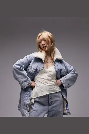 Topshop Denim oversized borg jacket in bleach