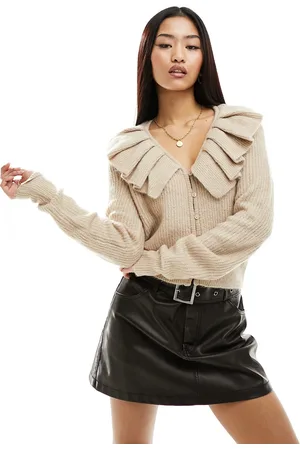 JDY V neck frill detail cardigan in beige