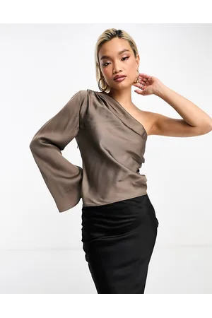 & OTHER STORIES One shoulder top with draped tie neck and fluted sleeve in mole