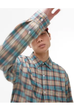 Topman Long sleeve extreme oversized fit check shirt in blue