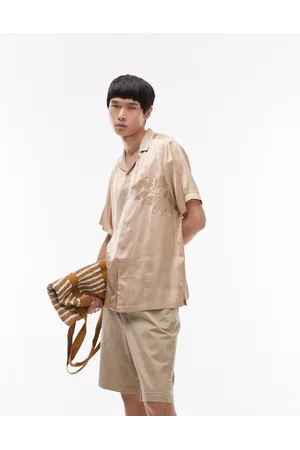 Topman Short sleeve regular fit revere embroidered satin shirt in champagne