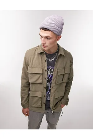 Topman Long sleeve regular fit cord overshirt with pocket detailing in khaki