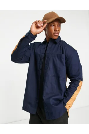 Topman Long sleeve relaxed fit panelled shirt with quilting in and tobacco