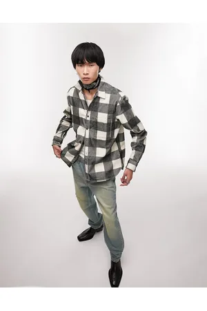 Topman Long sleeve regular fit cord buffalo check shirt in khaki
