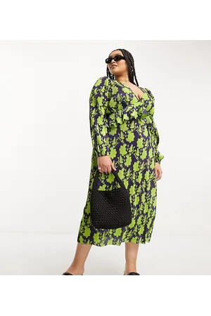 River Island Plus plisse midi smock dress in bright