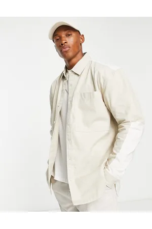 Topman Long sleeve relaxed fit panelled shirt with quilting in ecru and stone