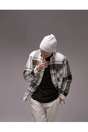 Topman Long sleeve regular fit check quilted overshirt in cream
