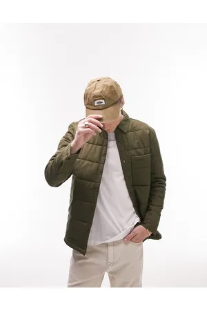 Topman Long sleeve regular fit squared quilted overshirt in khaki