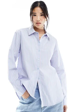 JDY Long sleeve loose fit shirt in blue with pink stripe