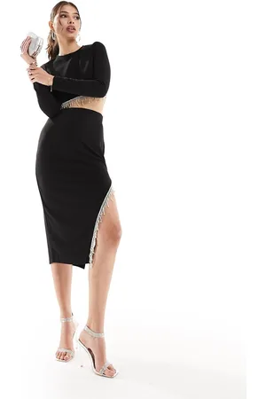 New Look Embellished trim midi skirt with split in