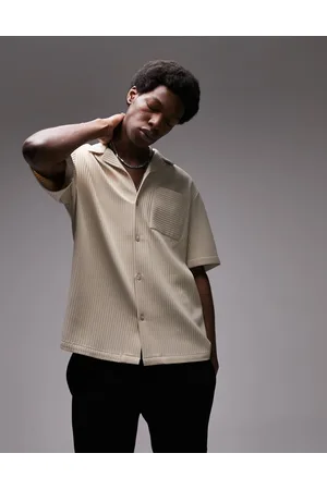 Topman Short sleeve regular fit revere plisse shirt in stone