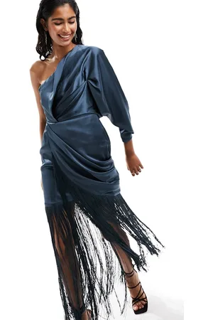 ASOS Satin one sleeve ruched maxi dress with fringe detail in