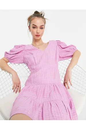 French Connection Birch gingham puff sleeve dress in lavender