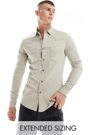 ASOS Slim western denim shirt with contrast stitching in stone