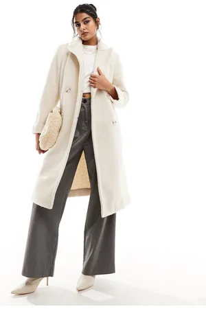 New Look Double breasted textured longline coat in cream