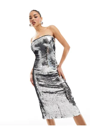 MANGO Bandeau sequin midi dress in