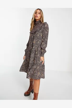 French Connection Faith drape high neck tiered midi dress in animal print