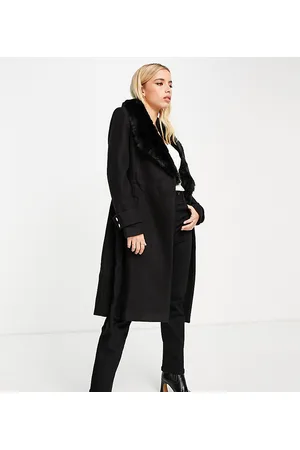 EVER NEW Wrap tie coat with faux fur collar in