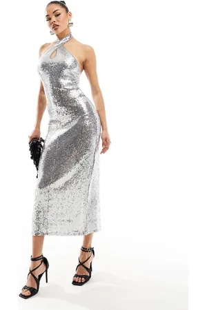 MANGO Halterneck sequin midi dress in