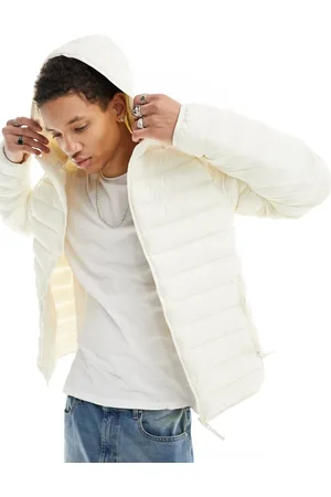 adidas 3 stripe padded hooded jacket in off