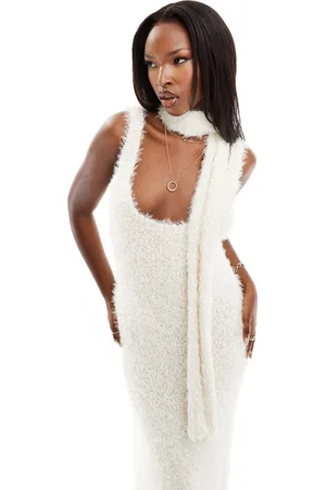 Kaiia Boucle knitted maxi dress with skinny scarf in cream
