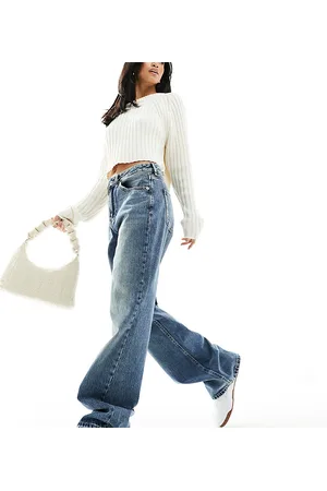 Stradivarius Petite wide leg dad jean in dark vintage wash